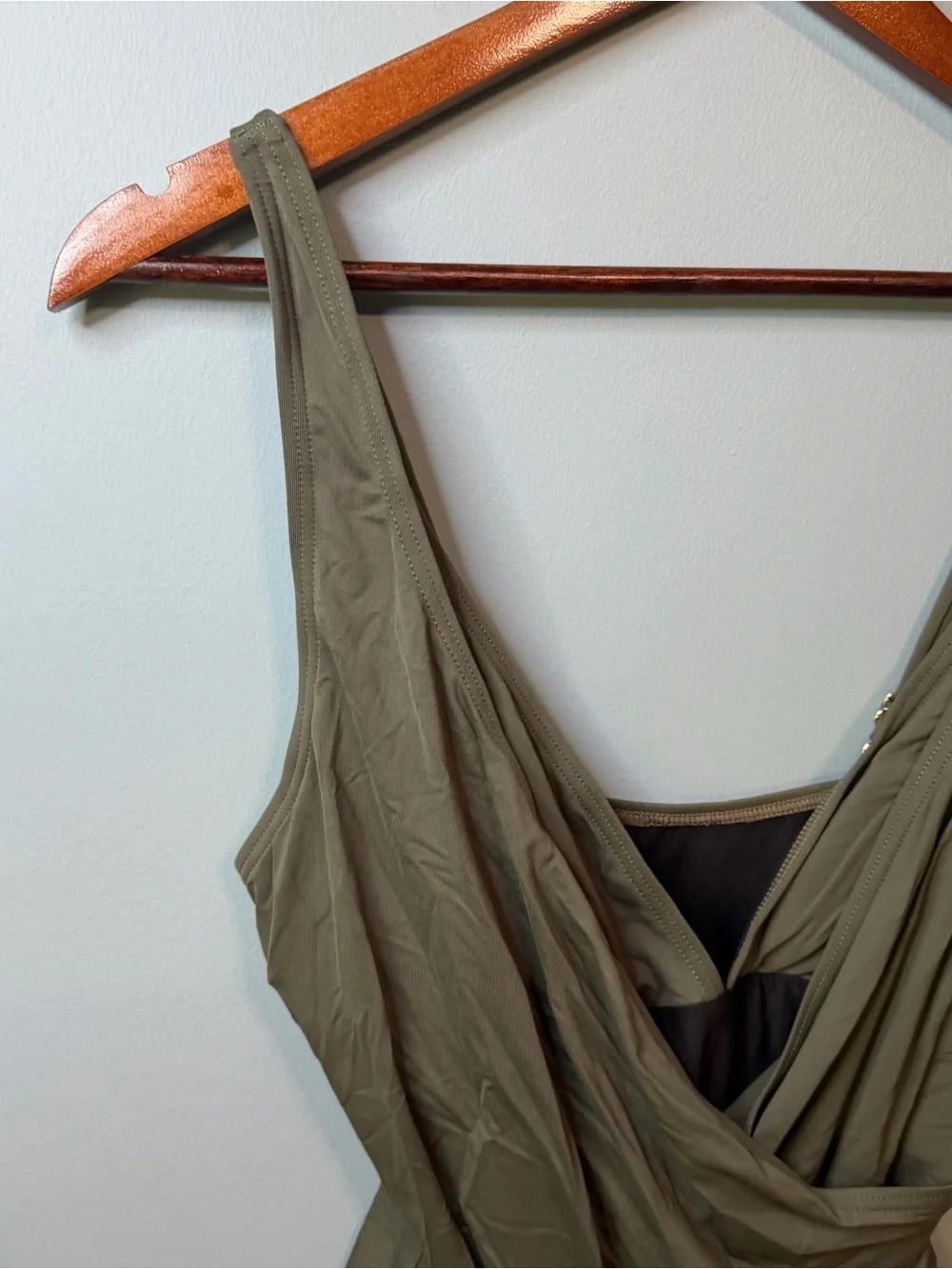 Michael Kors Olive Green V Neck Wrap One Piece Swimsuit Size 8 Gold MK Logo